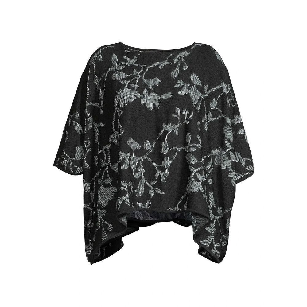 New $275 MING WANG Poncho Wrap Size L/XL Black Knit Floral Jacquard Oversized
